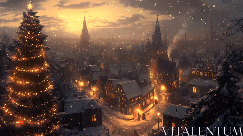 Snowy medieval town at night with glowing Christmas tree.