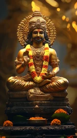 Gold-toned deity sculpture with intricate garlands and ritual accents