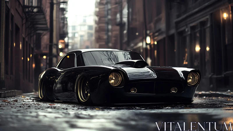 Midnight muscle coupe prowling a rain-slicked city alley.