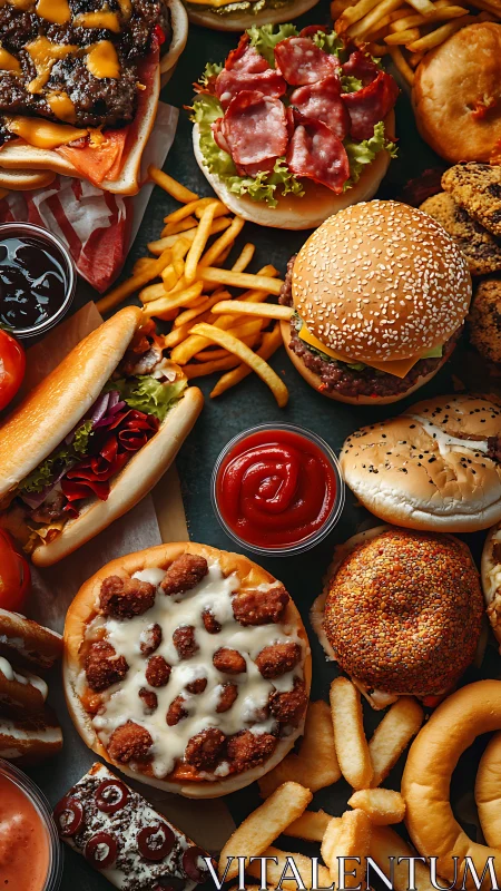 Fast-food carnival spills across the table in golden chaos