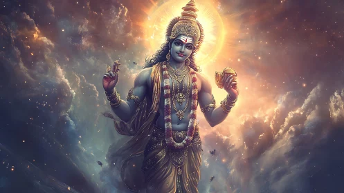 Radiant celestial deity surrounded by glowing cosmic clouds.