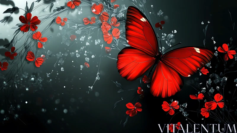 Red butterfly occupies central frame against dark floral field