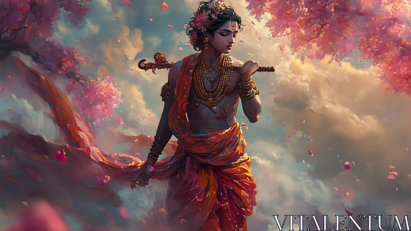 Divine flute player walks beneath radiant cherry blossoms