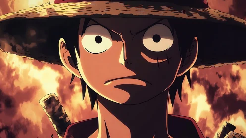 Anime hero in straw hat framed by blazing backlight stands resolute