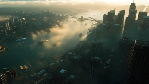 Harbor city skyline glows through sunrise mist and shadow.