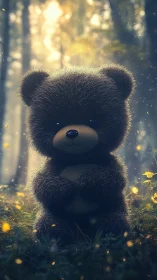 Fluffy baby bear in glowing forest bokeh environment.