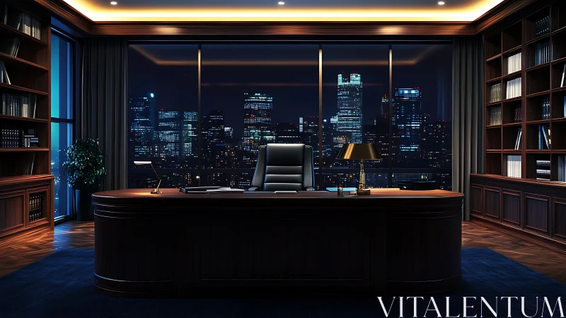 Executive office interior overlooks illuminated city skyline