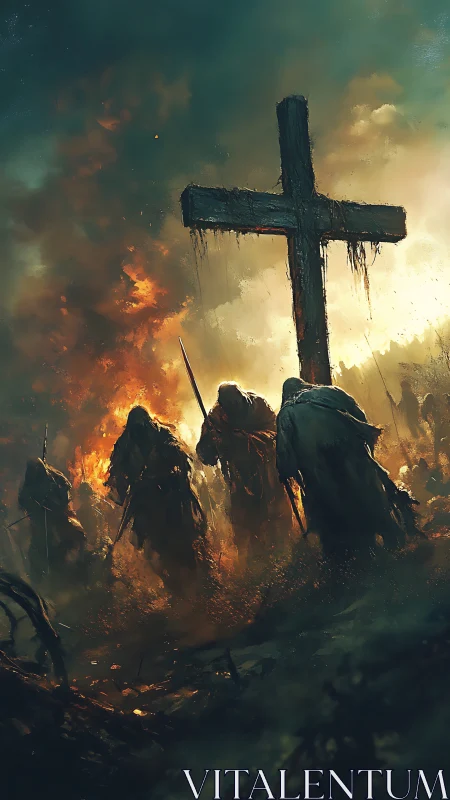 Stormlit pilgrims gather beneath a charred wooden cross.