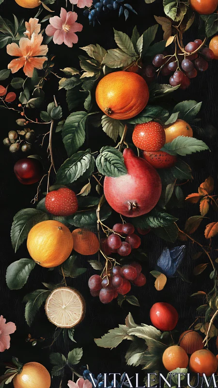 Fruit and floral still life composition occupies vertical frame