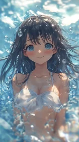 Anime girl swims through sunlit water with bright serenity.
