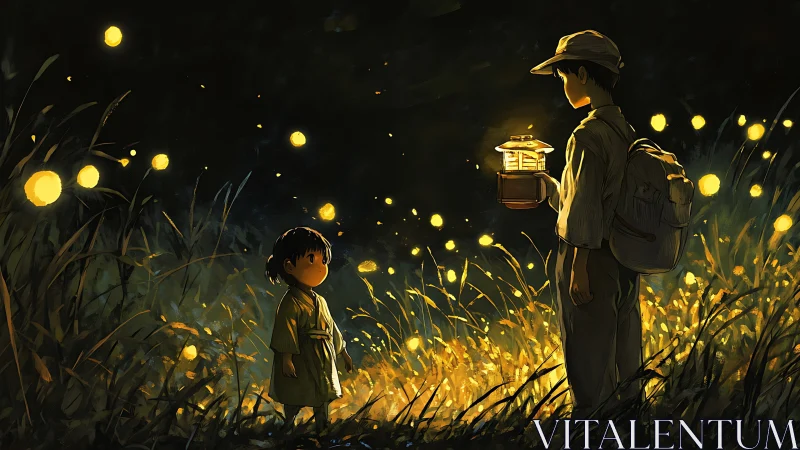 Sibling firefly walk glowing with gentle summer magic.