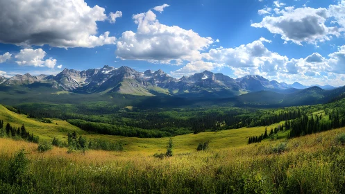 Mountain range with grassy valley under scattered clouds.