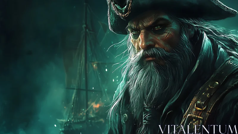Weathered pirate captain glares over a burning ghost ship.