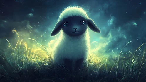 Lamb stands in backlit meadow under diffuse nocturnal sky
