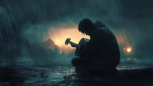 Backlit guitarist silhouette performing in heavy nocturnal rain.