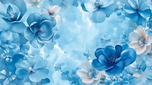 Ethereal Blue Flowers in Soft Clouds.