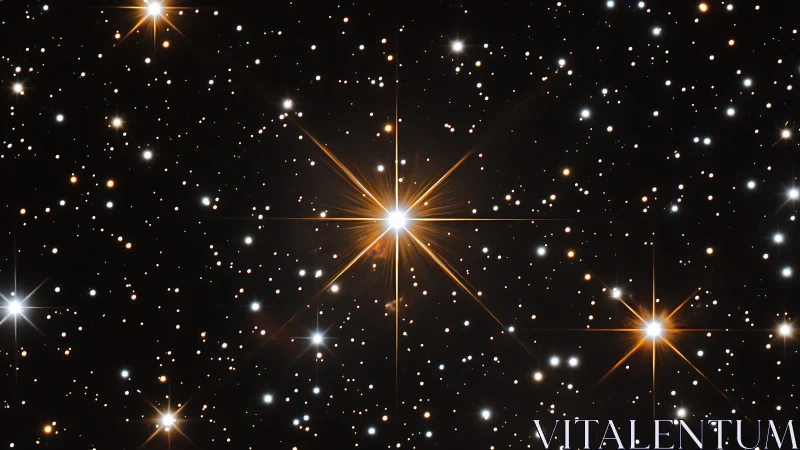 Stellar field with golden diffraction spikes in deep space.