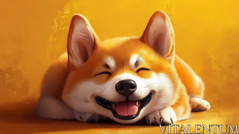 Smiling corgi puppy naps under warm golden light.