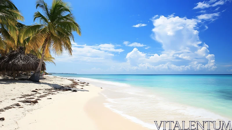 Tropical Coastline with Palm Trees and Turquoise Waters Under Blue Sky