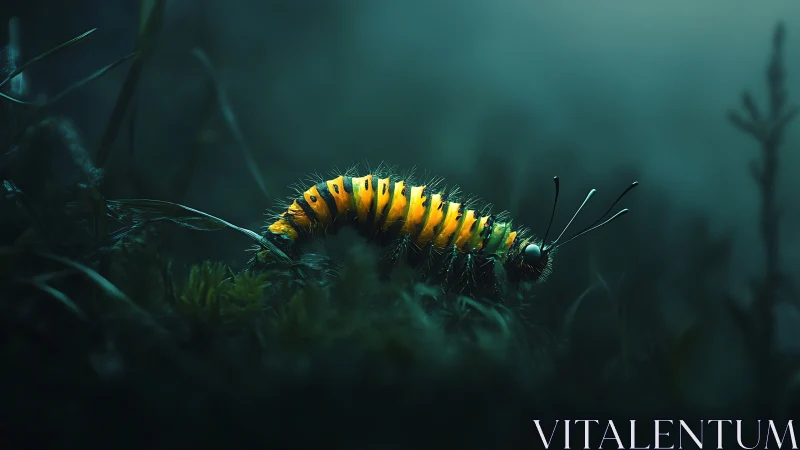 Glow-bright caterpillar wandering through a misty forest floor.