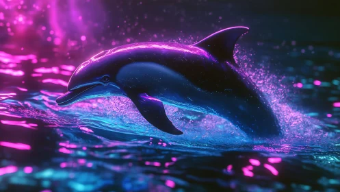 Neon-lit dolphin surges through glowing cyber ocean night