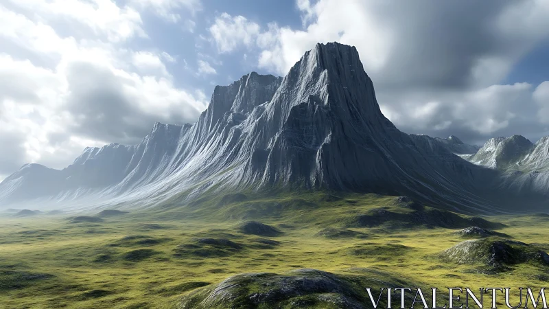 Majestic stone peak rising gently above a quiet green valley.