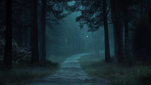 Moonlit forest path through ancient trees at night