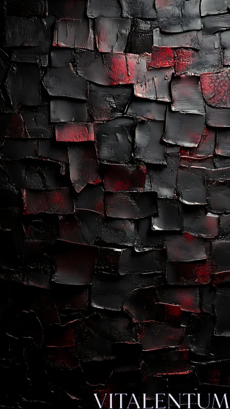 Crimson-black impasto grid with layered abstract texture.