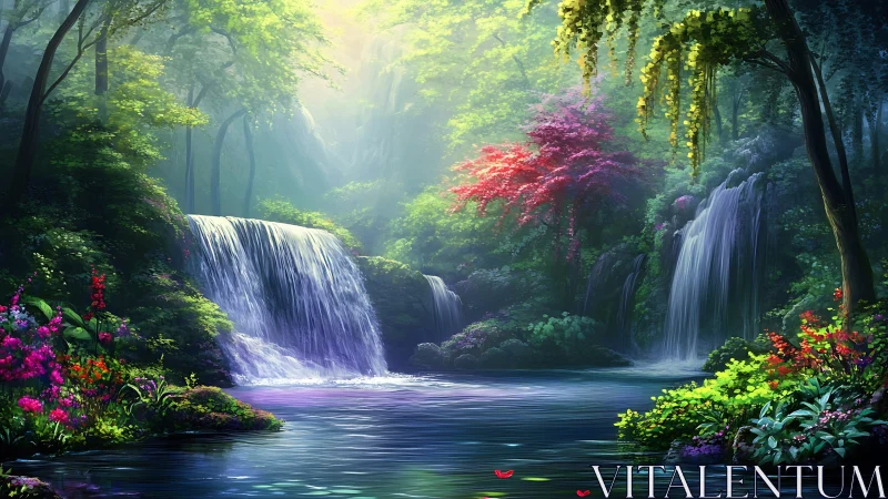 Waterfalls flow through dense forest with bright foliage