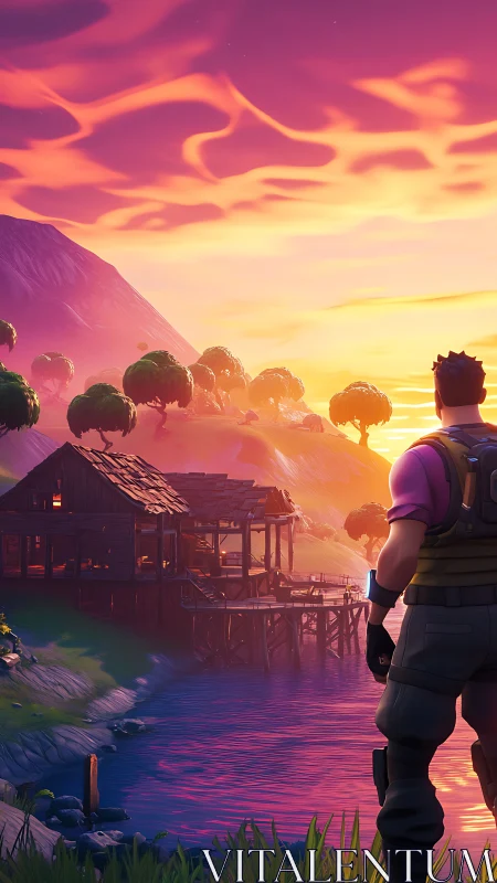 Sunset lookout over a peaceful lakeside cabin retreat.