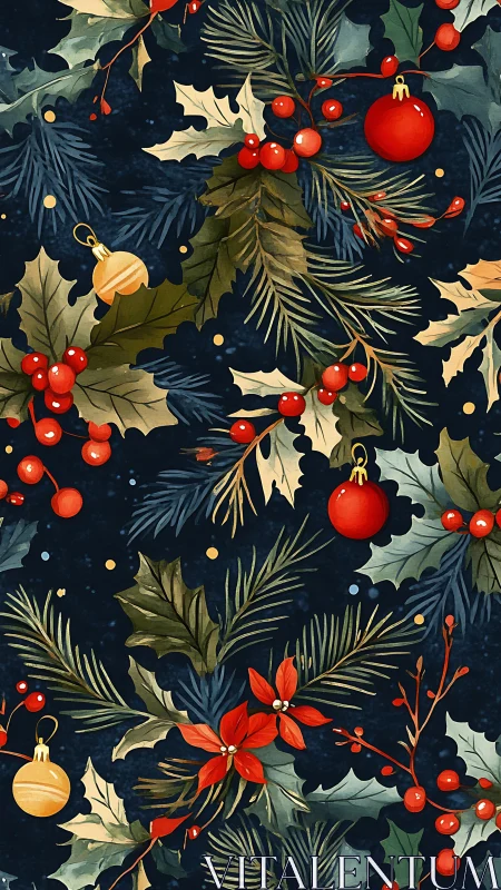 Midnight holly branches waltz with bright winter baubles