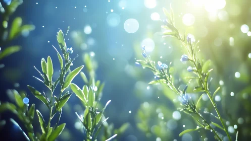 Sunlit green leaves glow amid dreamy bokeh and soft mist.