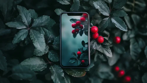 Smartphone screen mirrors vivid red berries in lush foliage.