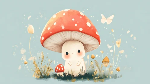 Soft pastel-rendered kawaii mushroom character with flora details