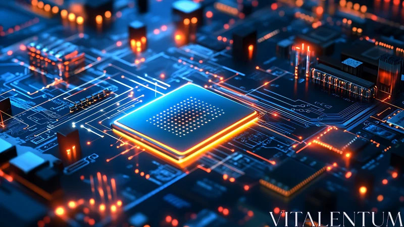 Glowing processor on circuit board with digital data flow.