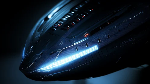 Sleek starship glides through darkness with cool blue lights