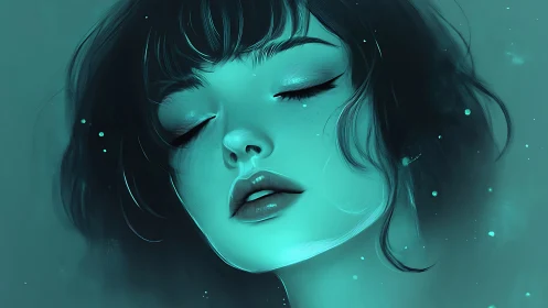Ethereal teal portrait with closed eyes and soft luminous haze.