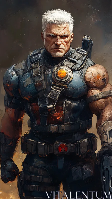 Battle-worn cyber soldier standing in smoky twilight.