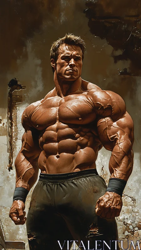 Hyper-muscular male figure stands against distressed wall