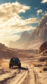 Sunlit desert trail with lone 4x4 chasing distant cliffs.