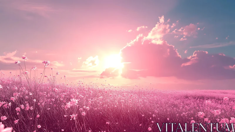 Blush horizon over cotton-candy meadow at dreamlit sunrise.