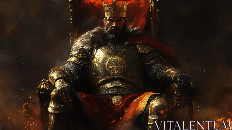 War-forged king on a burning throne of shadowed gold.