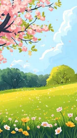 Blooming spring meadow unfolds beneath clear blue sky.