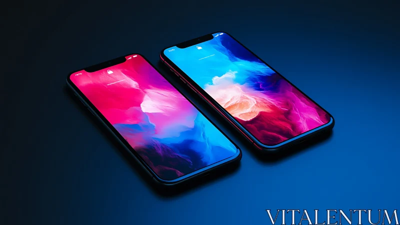 Dual smartphones on neon gradient screens under blue glow.