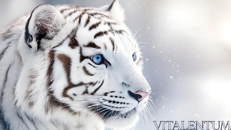 White tiger gazes through falling snow in serene silence.