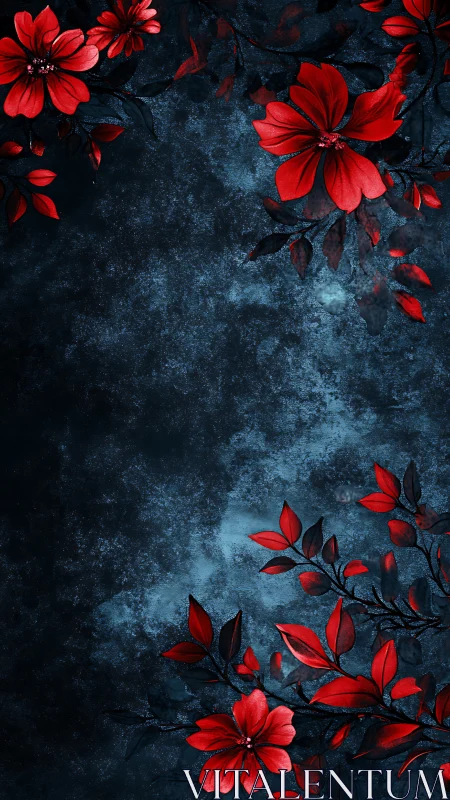 Crimson flowers bloom across moody dark blue texture.