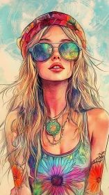 Colorful boho portrait of woman in sunglasses and hat.