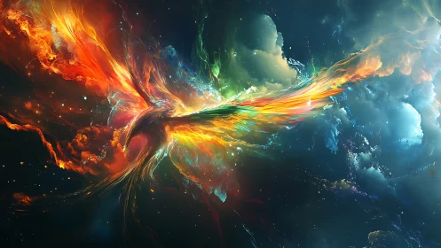 Radiant cosmic phoenix sweeps across a glowing starry sky