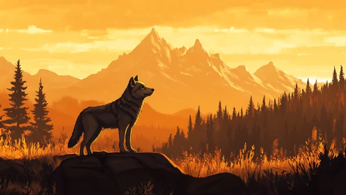 Lone twilight wolf surveying ember-lit mountain kingdom.