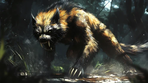 Aggressive quadruped beast rendered with dynamic brushwork and motion blur